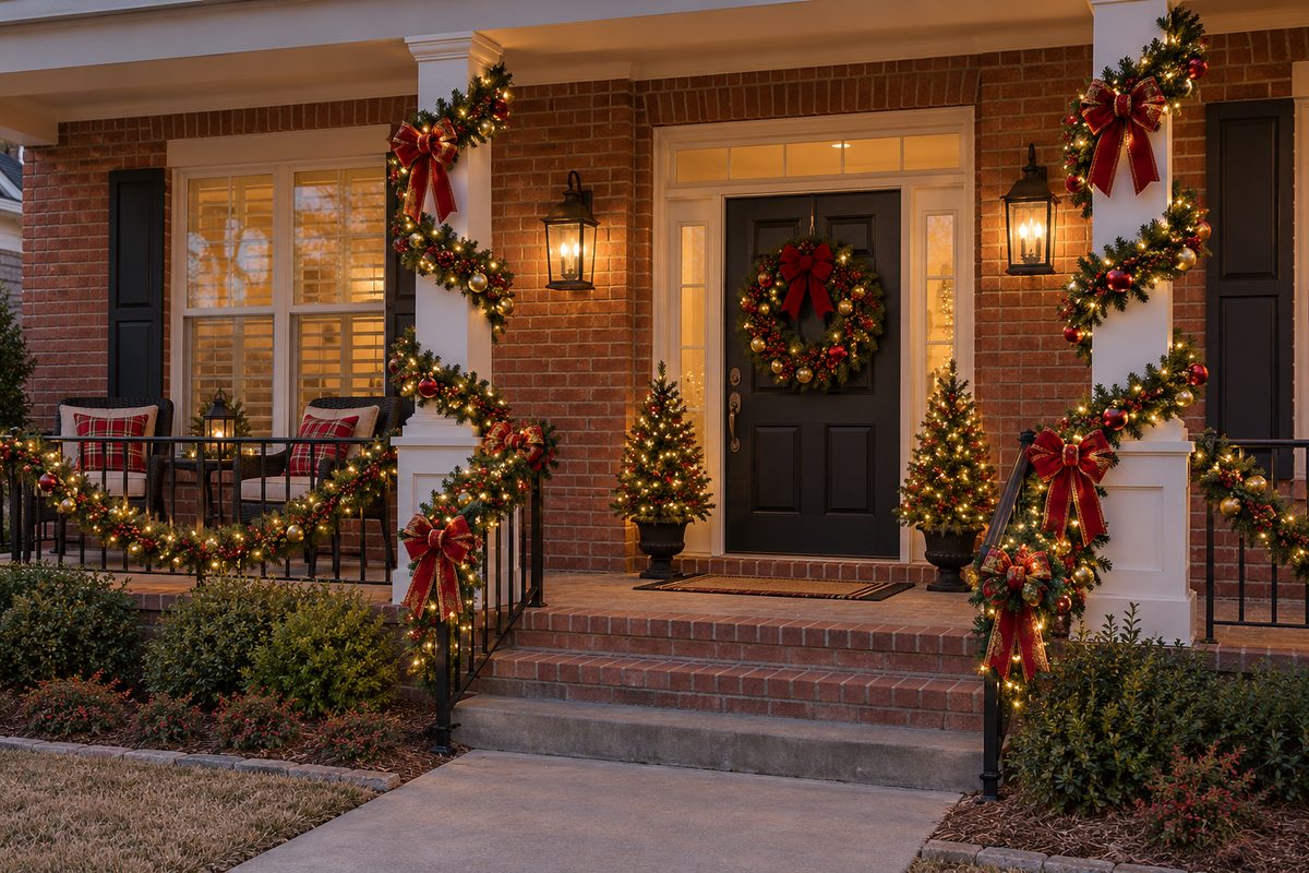 Classic Christmas red-brick porch