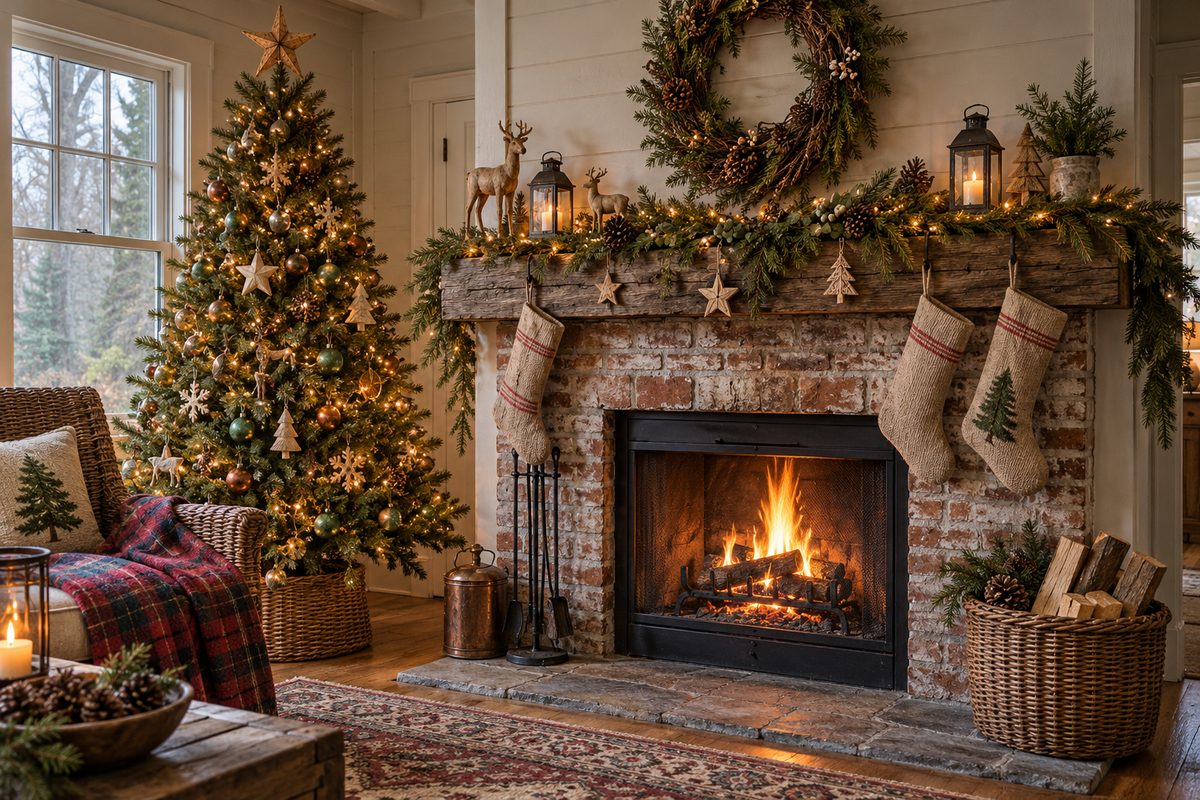 Rustic Vermont Fireplace Christmas Glow