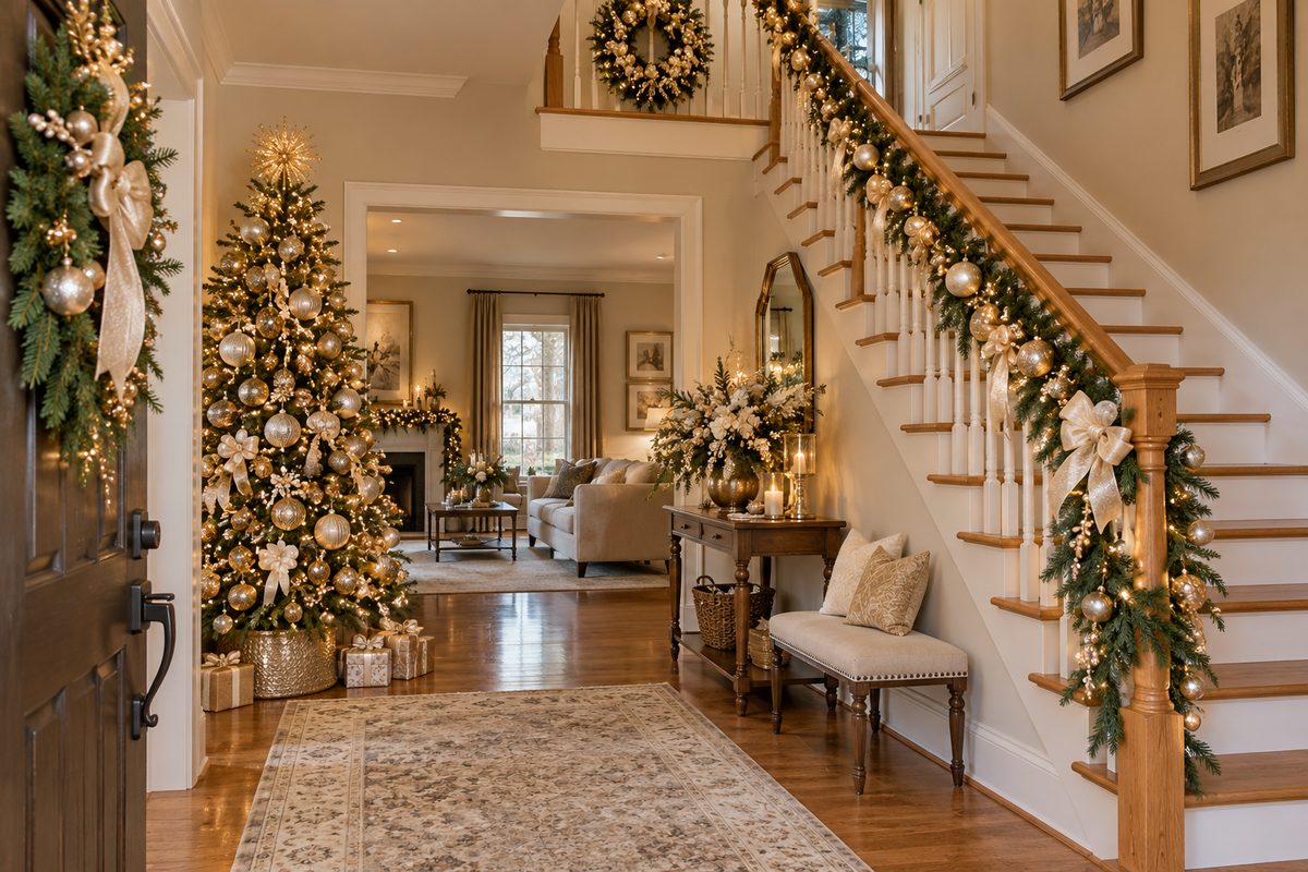 Elegant Gold Christmas Entry Hall