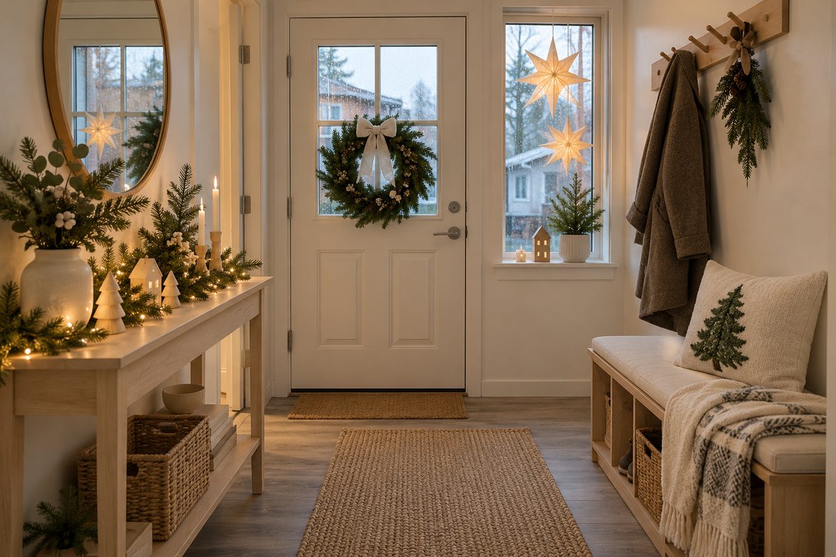 Rainy Washington entryway with Scandinavian Christmas