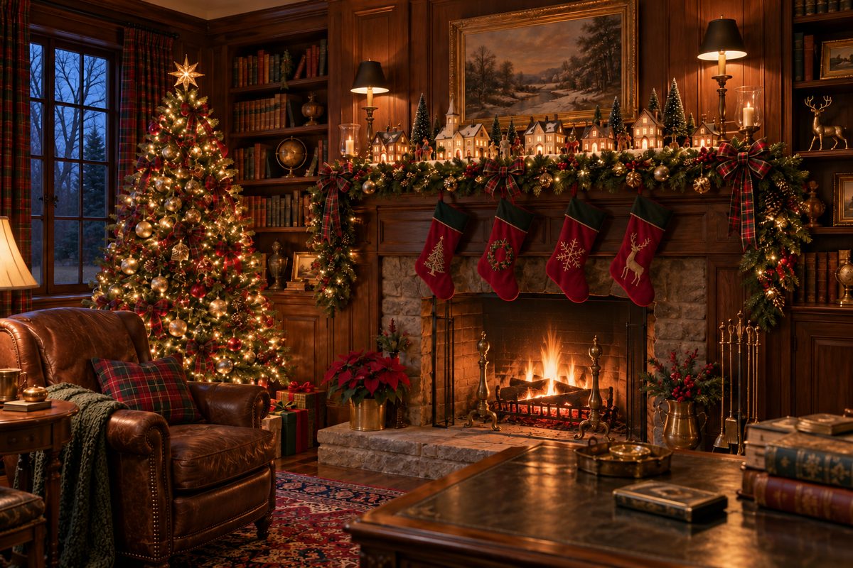 Festive study, snow-free Connecticut evening
