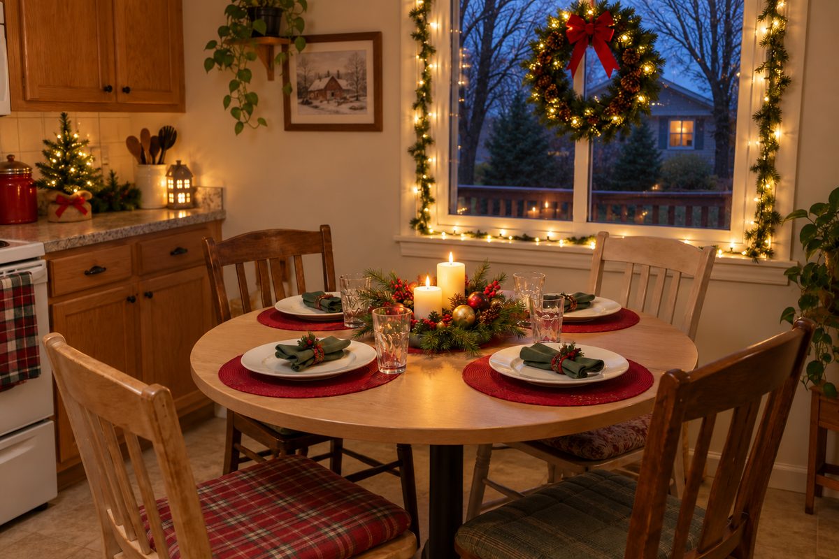Festive dining nook, snow-free winter view