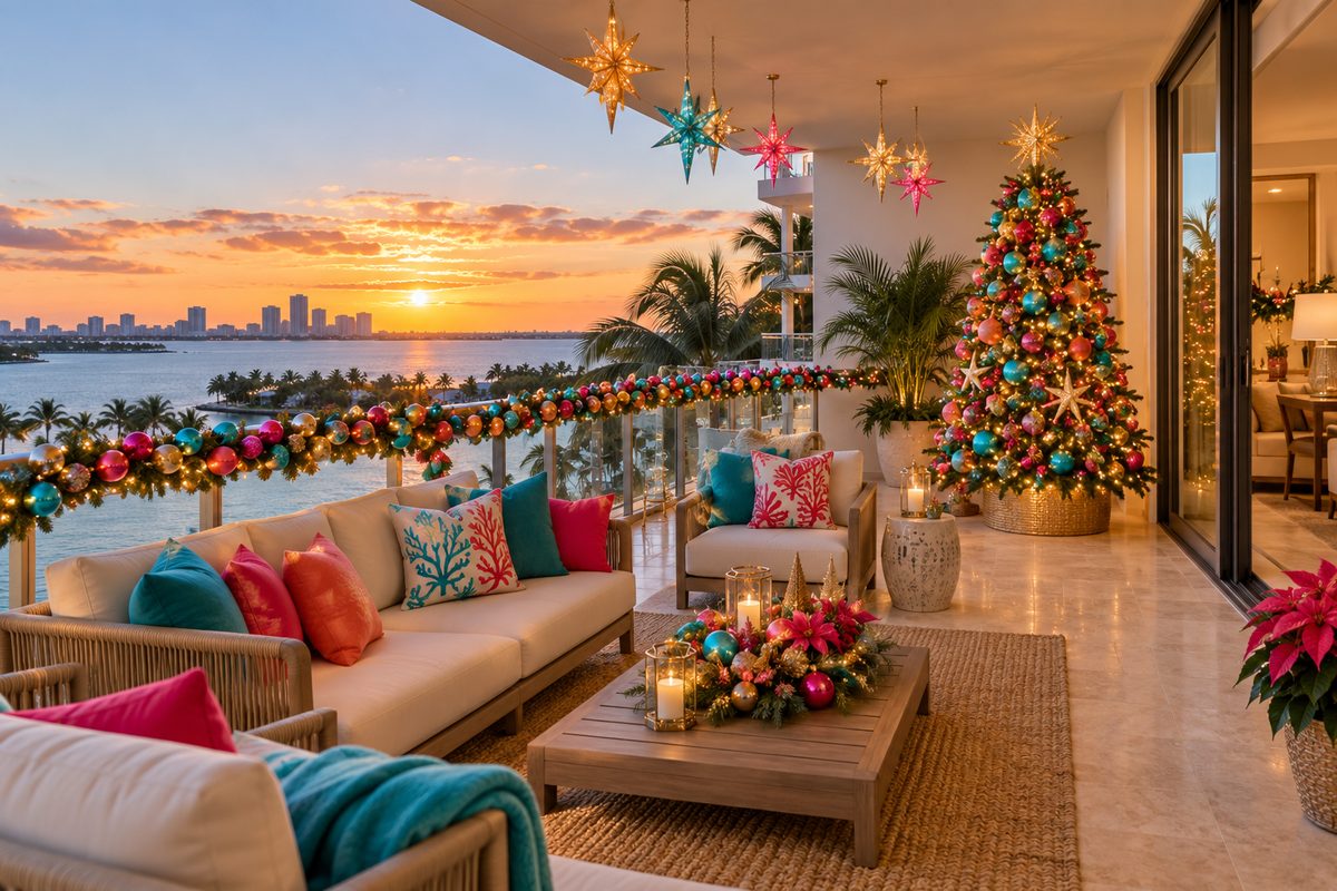 Colorful Christmas on a Florida waterfront balcony