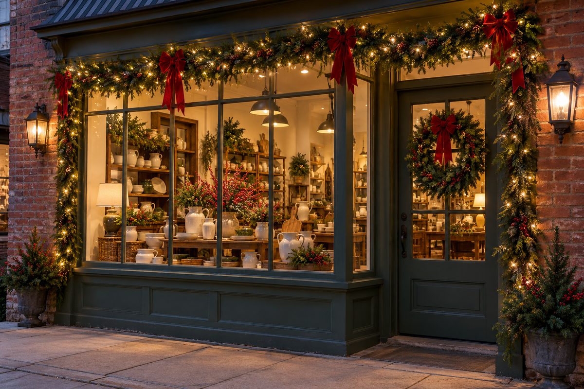 Festive Georgia Brick Shopfront at Twilight