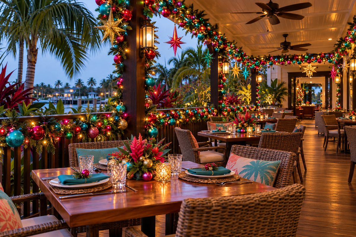 Festive Tropical Veranda with Colorful Lights